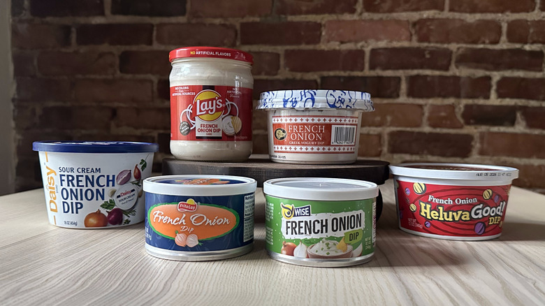 French onion dips arranged on wooden table