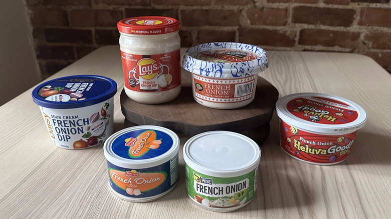 French onion dips arranged on wooden table