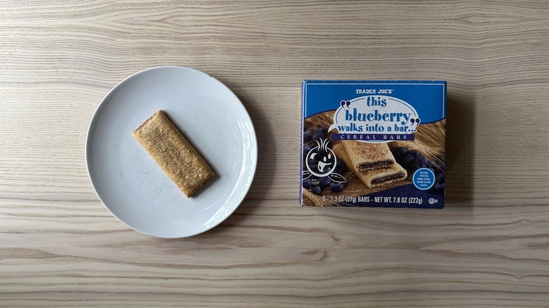 Trader Joe's "This Blueberry Walks Into a Bar" Cereal Bar on white plate