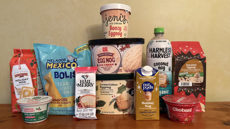 11 eggnog-flavored products on wooden table