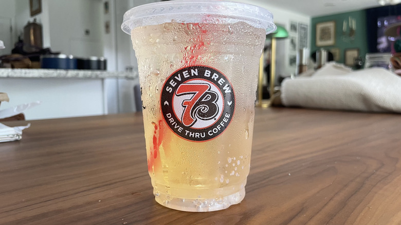 Sunny 7 soda in a cup on a table