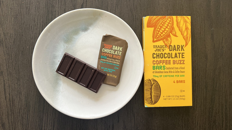 Trader Joe's Dark Chocolate Coffee Buzz Bars on a plate.