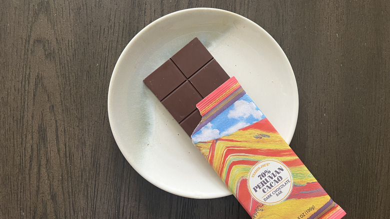 Trader Joe's 70% Peruvian Cacao Dark Chocolate Bar on plate.