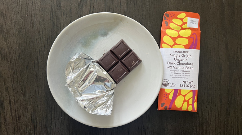 Trader Joe's Single Origin Organic Dark Chocolate with Vanilla Bean  on plate.