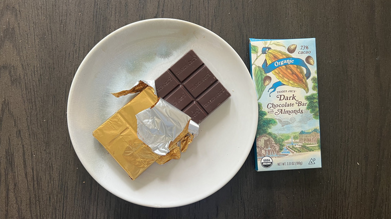 Trader Joe's Organic Dark Chocolate Bar with Almonds on plate.