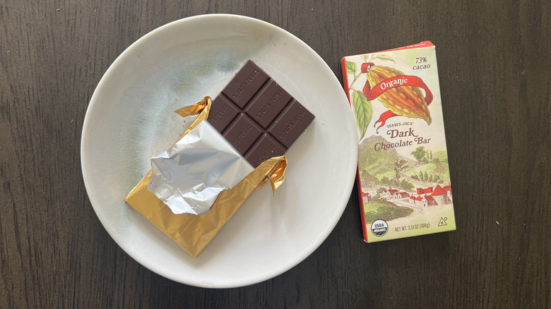 Trader Joe's Organic Dark Chocolate Bar on plate.