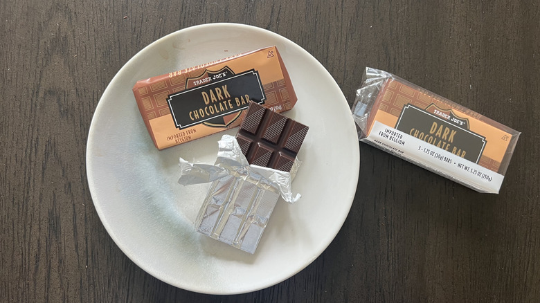 Trader Joe's Dark Chocolate Bar on plate.