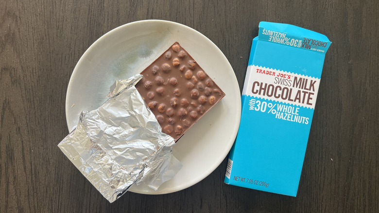Trader Joe's Swiss Milk Chocolate with 30% Whole Hazelnuts on plate.