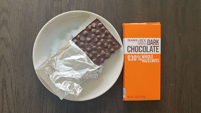 Trader Joe's Swiss Dark Chocolate with 30% Whole Hazelnuts  on plate.