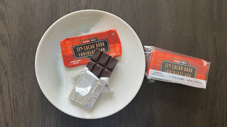 Trader Joe's 72% Cacao Dark Chocolate Bar on plate.