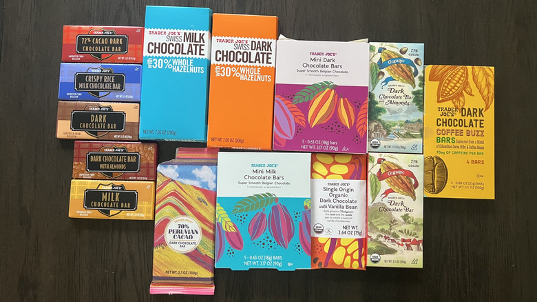 14 different Trader Joe's chocolate bars laid out.