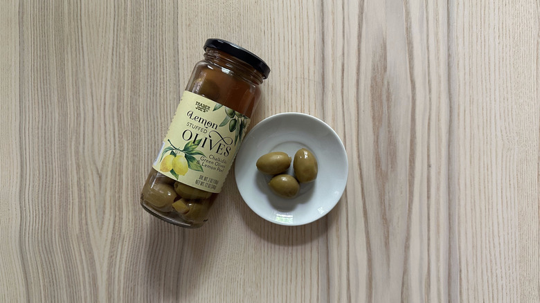 Trader Joe's Lemon Stuffed Olives on wooden table