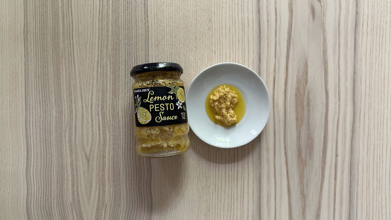 Trader Joe's Lemon Pesto Sauce on wooden table