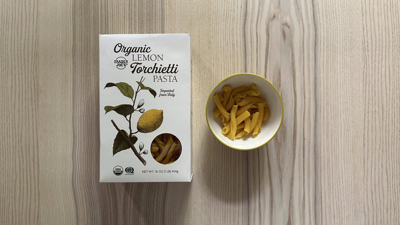 Trader Joe's Organic Lemon Torchietti Pasta on wooden table