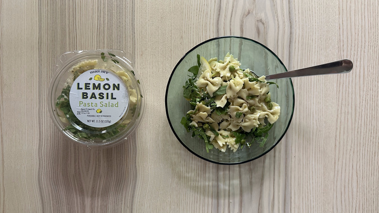 Trader Joe's Lemon Basil Pasta Salad on wooden table
