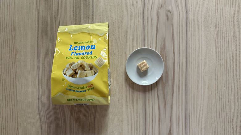 Trader Joe's Lemon Flavored Wafer Cookies on wooden table