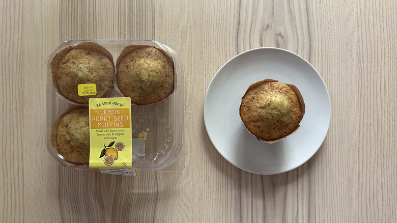 Trader Joe's Lemon Poppy Seed Muffins on wooden table