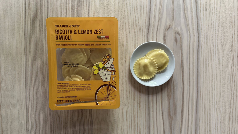 Trader Joe's Ricotta and Lemon Zest Ravioli on wooden table