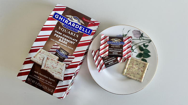 Ghirardelli Peppermint Bark Dark Chocolate Square on a plate