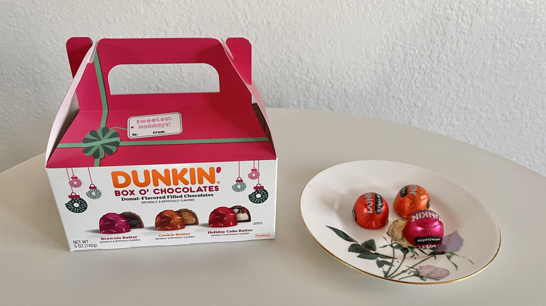 Three pieces of Dunkin' Box O' Chocolates