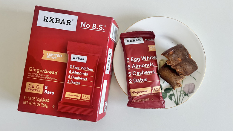 One RXBAR Gingerbread Protein Bar in half