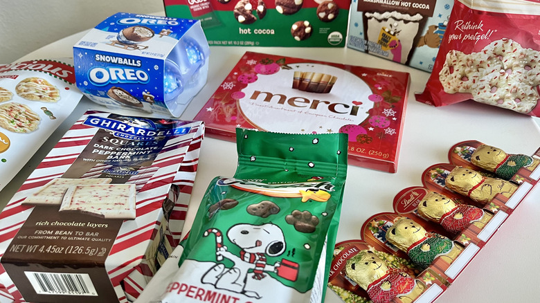 Different Christmas items on a white table