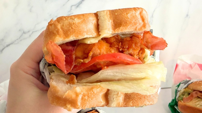 Hand holding Carl's Jr. Bacon Swiss Chicken Sandwich against white background