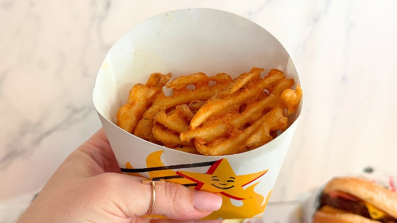 Hand holding Carl's Jr. Waffle Fries against white background