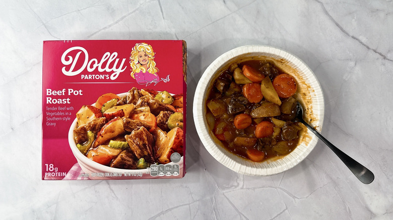 Dolly Parton's beef pot roast box and bowl on a countertop