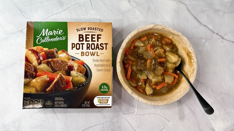 Marie Callender's beef pot roast box and bowl on a countertop