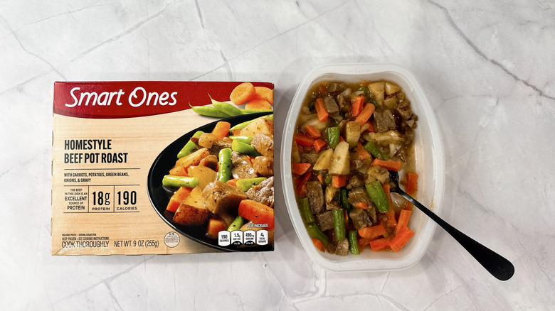 Smart Ones homestyle beef pot roast box and tray on a countertop