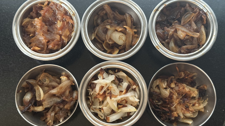 Six stainless steel bowls of caramelized onions cooked using different methods