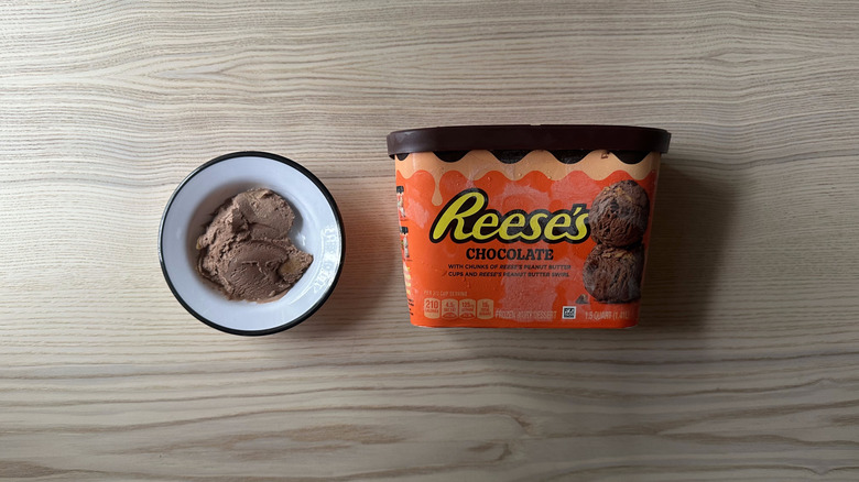 Reese's Chocolate Peanut Butter Frozen Dairy Dessert on wooden table