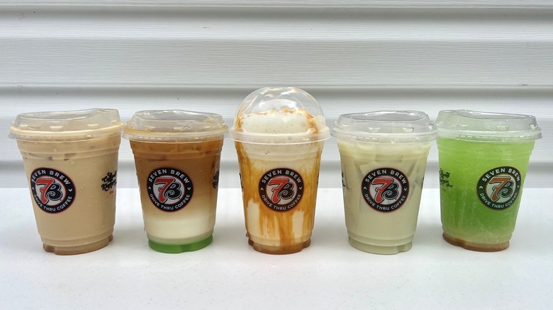 Five new fall drinks from 7 Brew lined up on a table