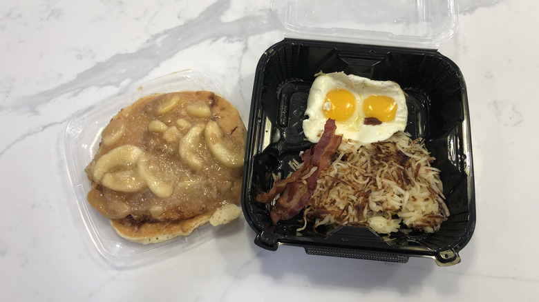 Denny's Cinnamon Apple Crisp Pancake Slam in a to-go container