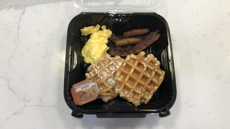 Denny's Waffle Slam in a to-go container