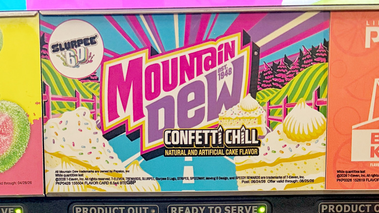 the logo of the Mountain Dew Confetti Chill on the Slurpee machine