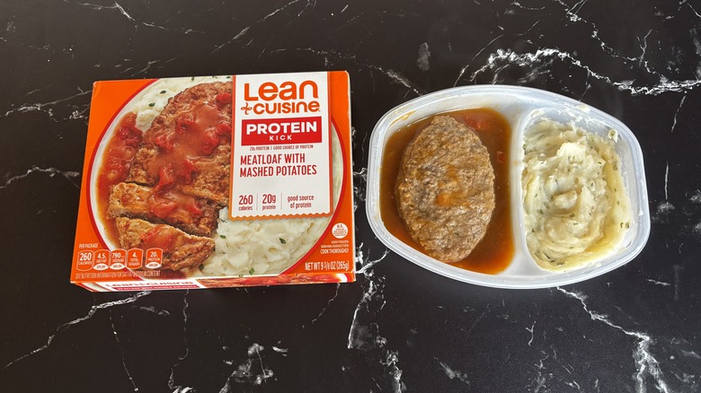 Lean Cuisine meatloaf frozen meal next to box on countertop