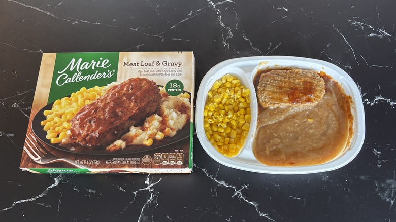 Marie Callender's meatloaf meal next to box on countertop