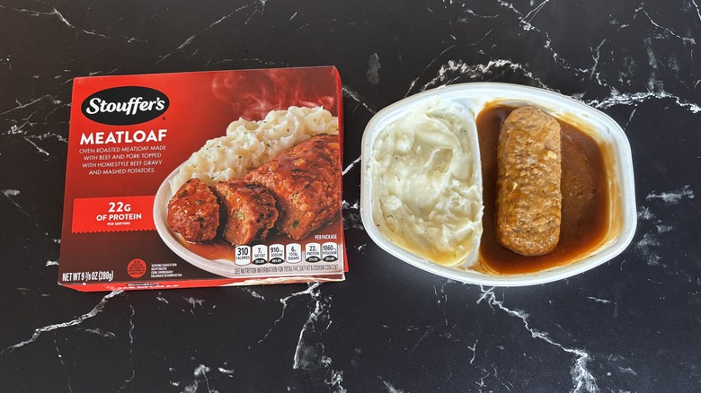 Stouffer's frozen meatloaf meal next to box on countertop