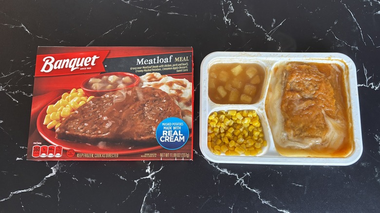 Banquet frozen meatloaf meal next to box on countertop
