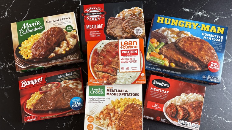 Various meatloaf frozen meals on countertop