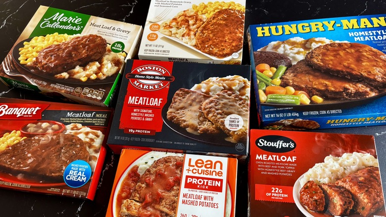 Various meatloaf frozen meals on countertop