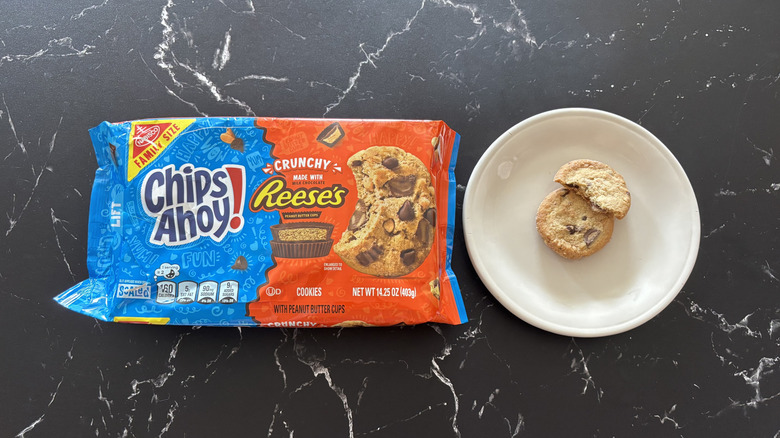 Chips Ahoy! with Reese's cookie package next to cookies on plate