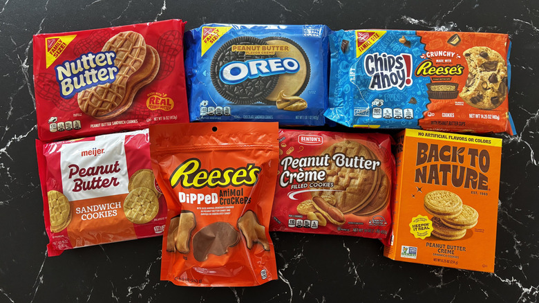 Various peanut butter cookie packages on countertop