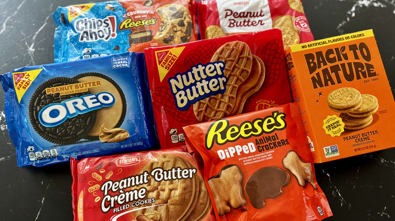 Various peanut butter cookie packages on countertop