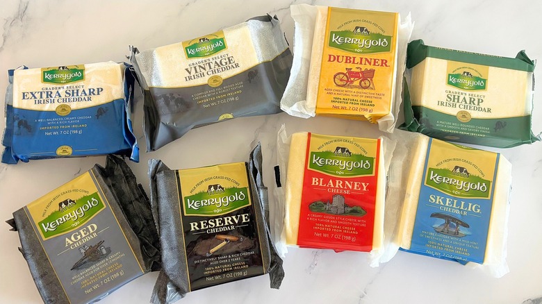 Eight Kerrygold cheeses on marble surface