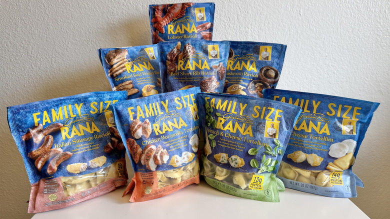 Various Rana pasta packages on a table