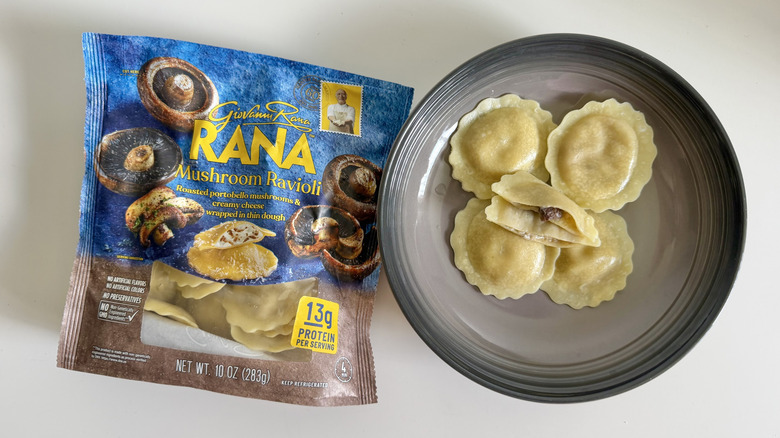 Rana Mushroom Ravioli displayed on a plate with the whole package on the side