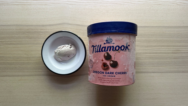 Tillamook Oregon Dark Cherry Ice Cream on wooden table